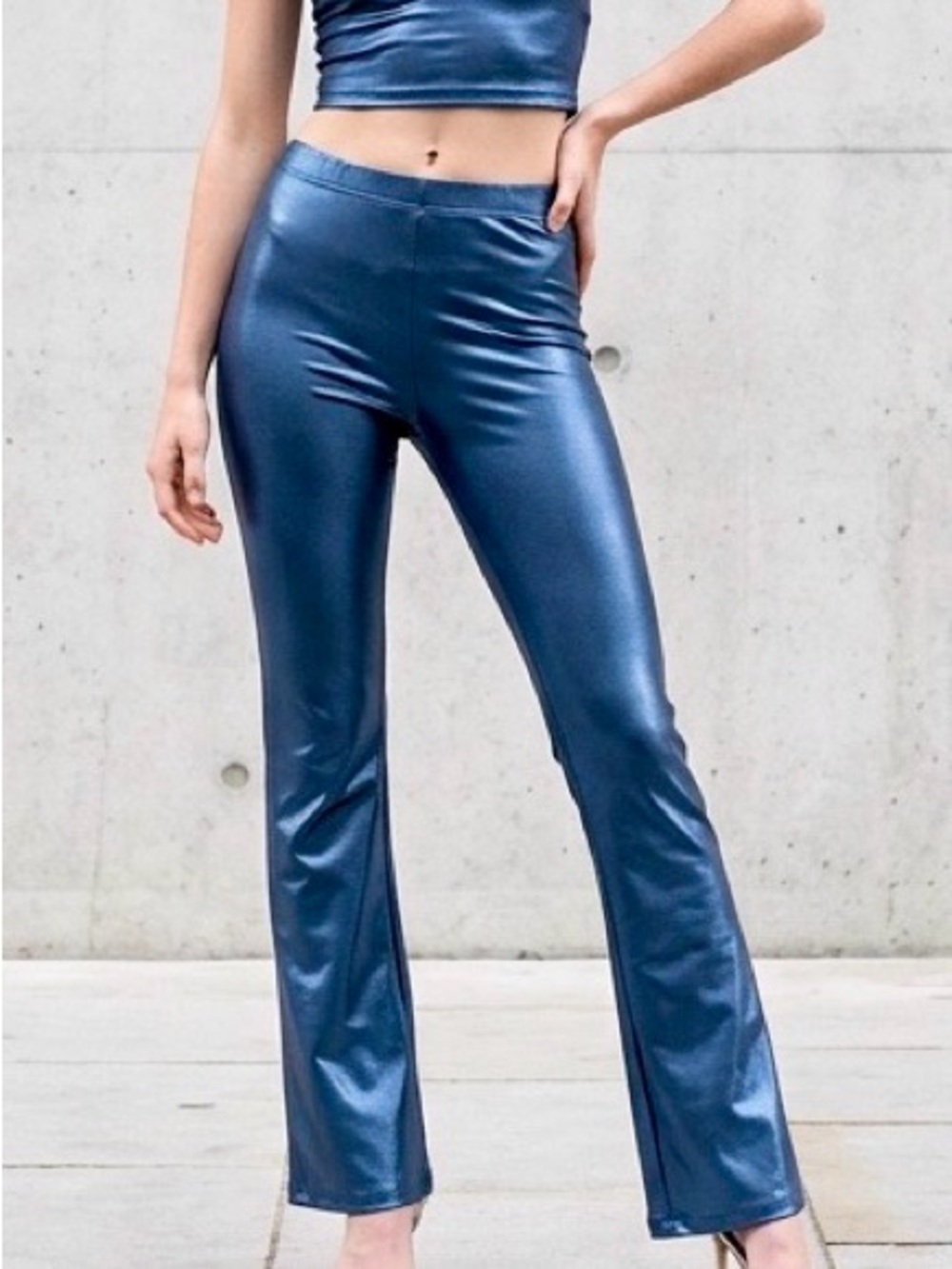 Metallic Blue boot cut faux leather pant with Heart Tag - Made in USA